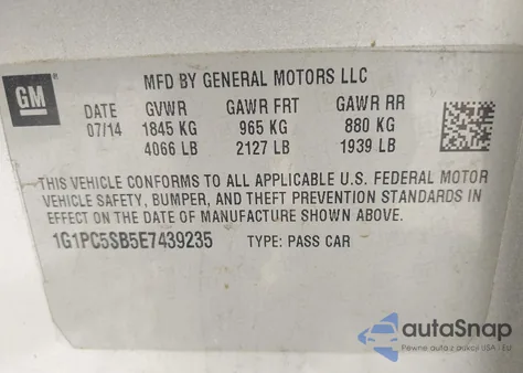 2014 Chevrolet Cruze 1Lt Auto из США, поврежденный, VIN 1G1PC5SB5E7439235